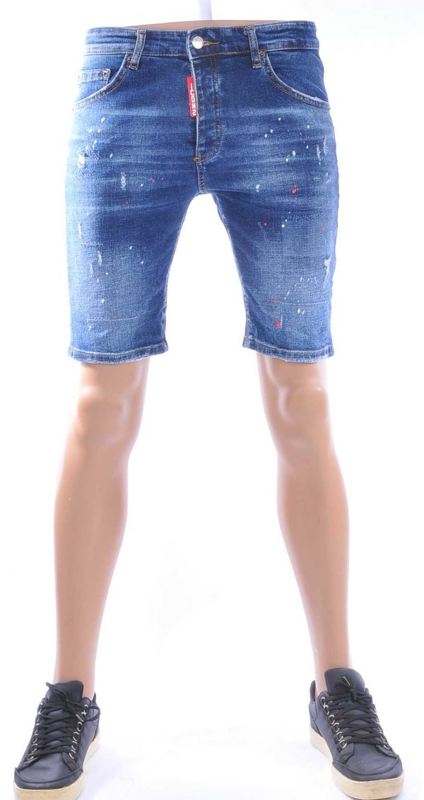 ICON2 Hippe Gescheurde Slim Fit Heren Korte Spijkerbroek met Verfspettertjes – Donkerblauw