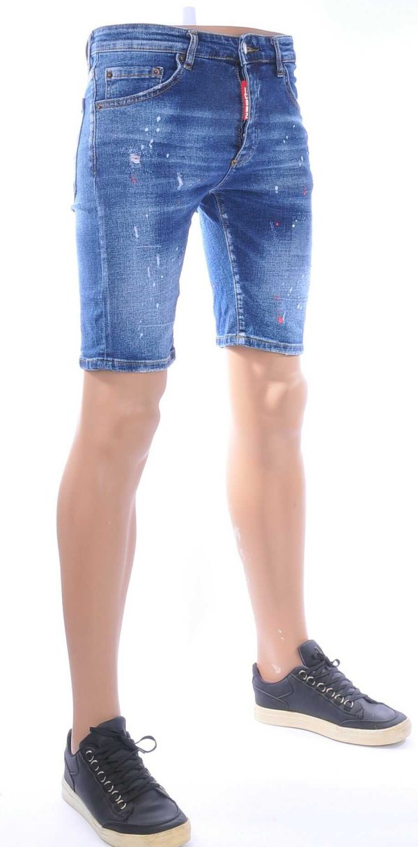 ICON2 Hippe Gescheurde Slim Fit Heren Korte Spijkerbroek met Verfspettertjes – Donkerblauw