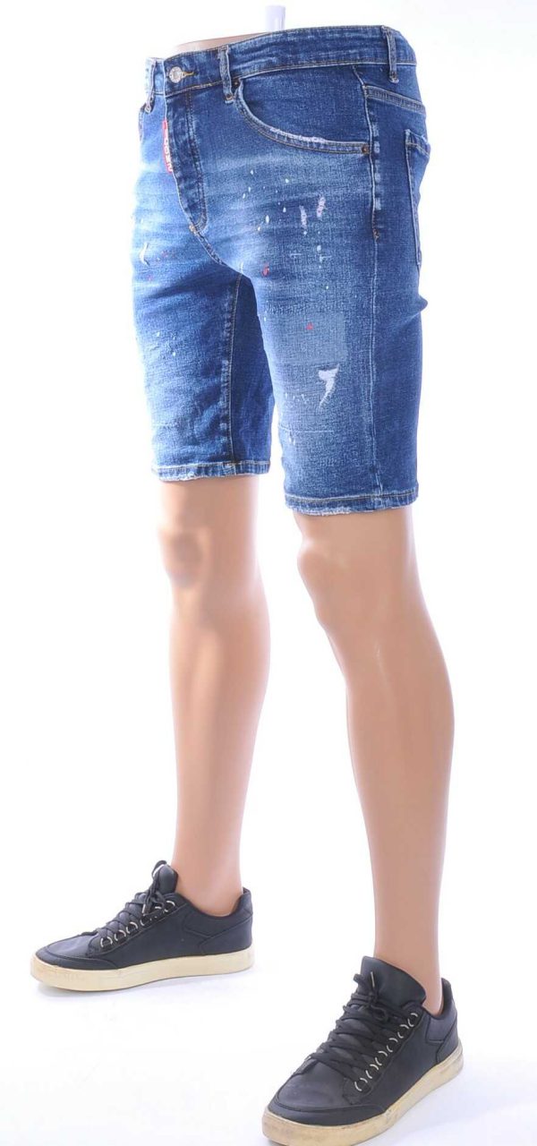 ICON2 Hippe Gescheurde Slim Fit Heren Korte Spijkerbroek met Verfspettertjes – Donkerblauw