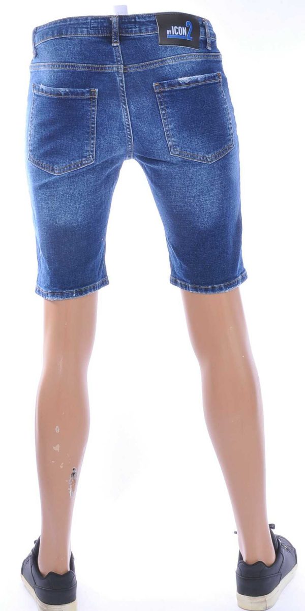 ICON2 Hippe Gescheurde Slim Fit Heren Korte Spijkerbroek met Verfspettertjes – Donkerblauw