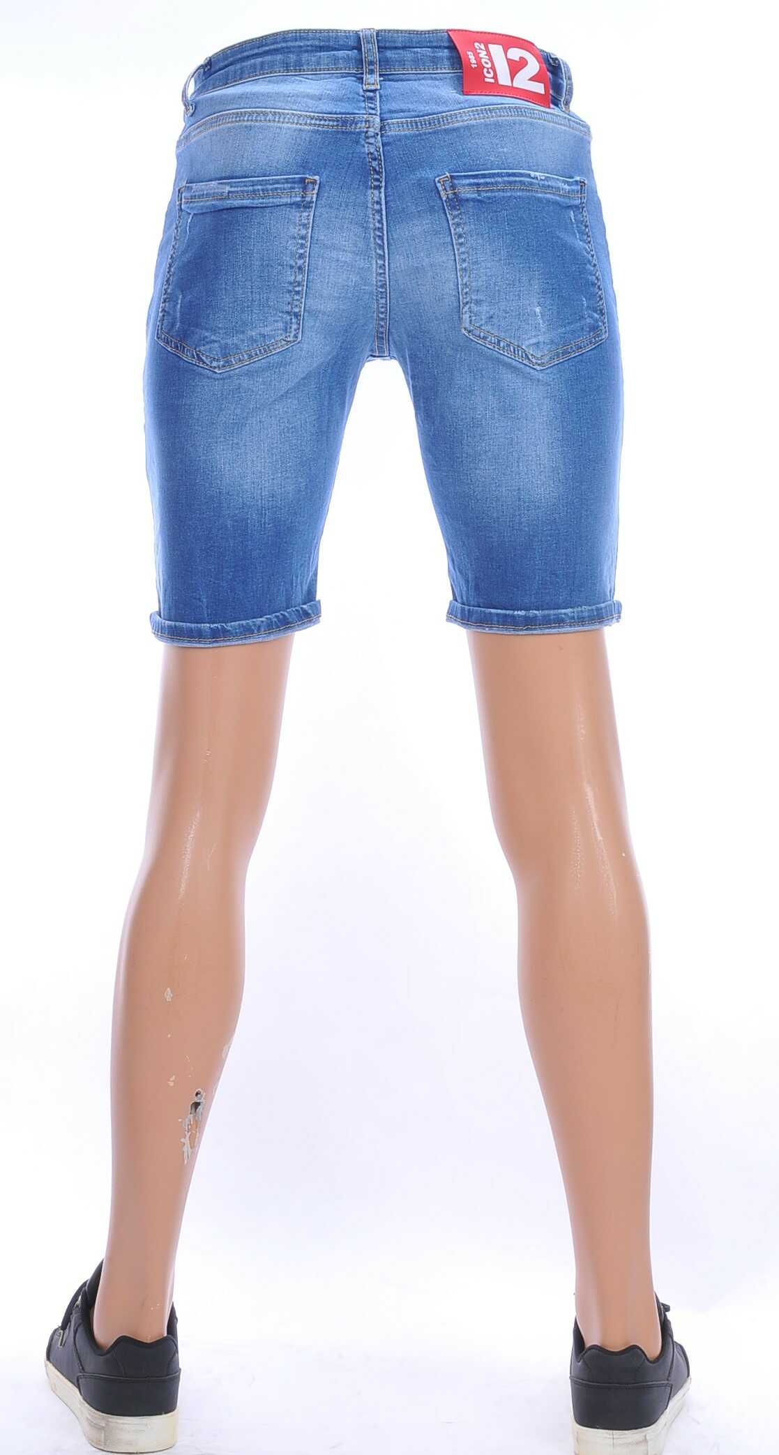 ICON2 hippie gescheurde slim fit heren korte spijkerbroek met verfvlekjes Blauw