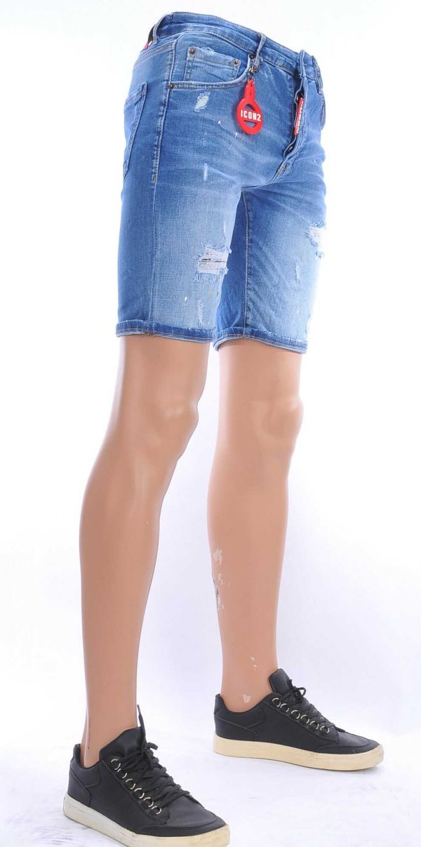 ICON2 hippie gescheurde slim fit heren korte spijkerbroek met verfvlekjes Blauw