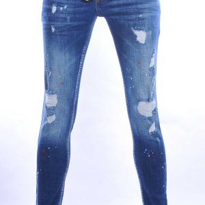 ICON2 hippie gescheurde slim fit stretch heren jeans met sierrits Blauw