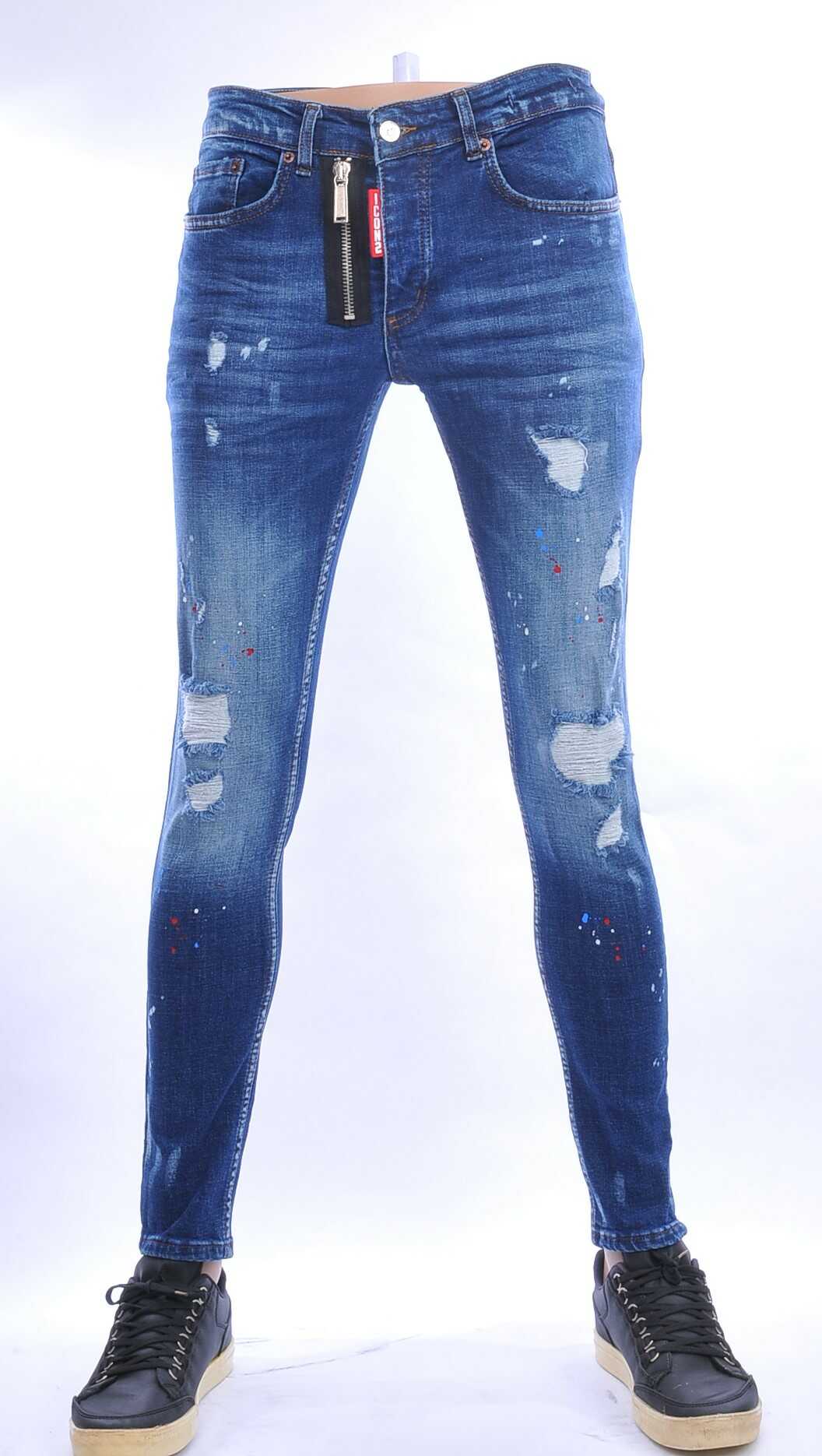 ICON2 hippie gescheurde slim fit stretch heren jeans met sierrits Blauw