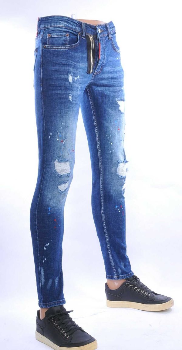 ICON2 hippie gescheurde slim fit stretch heren jeans met sierrits Blauw