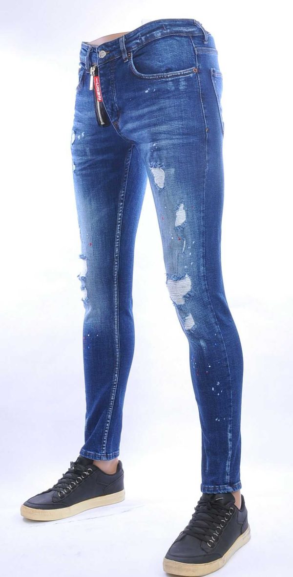 ICON2 hippie gescheurde slim fit stretch heren jeans met sierrits Blauw