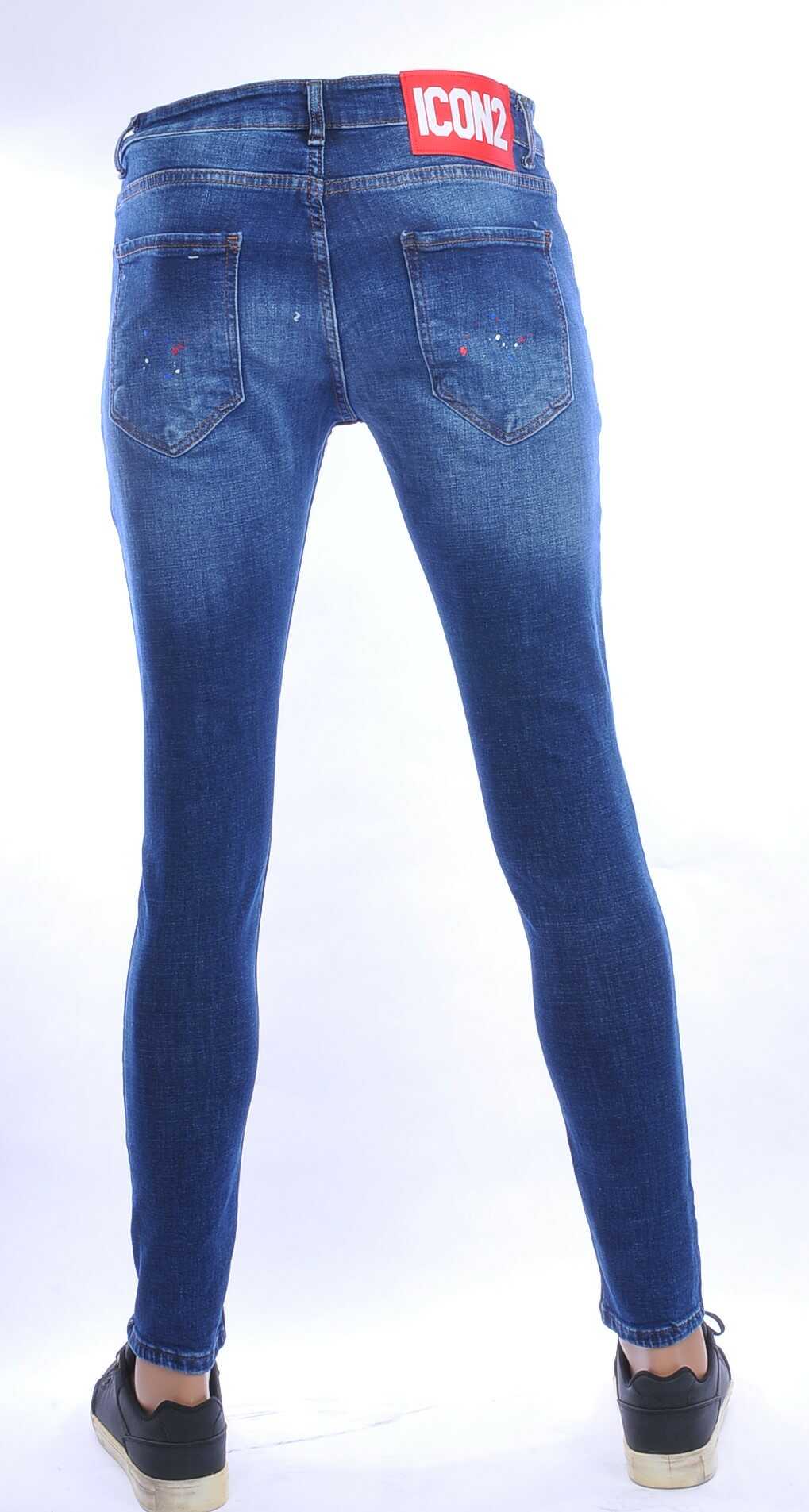 ICON2 hippie gescheurde slim fit stretch heren jeans met sierrits Blauw