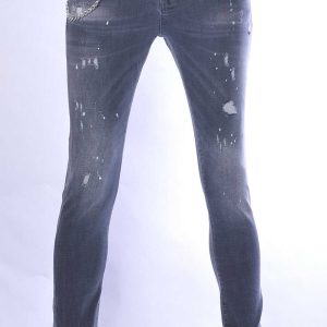 ICON2 hippie gescheurde slim fit stretch heren jeans met verfspatten Grijs