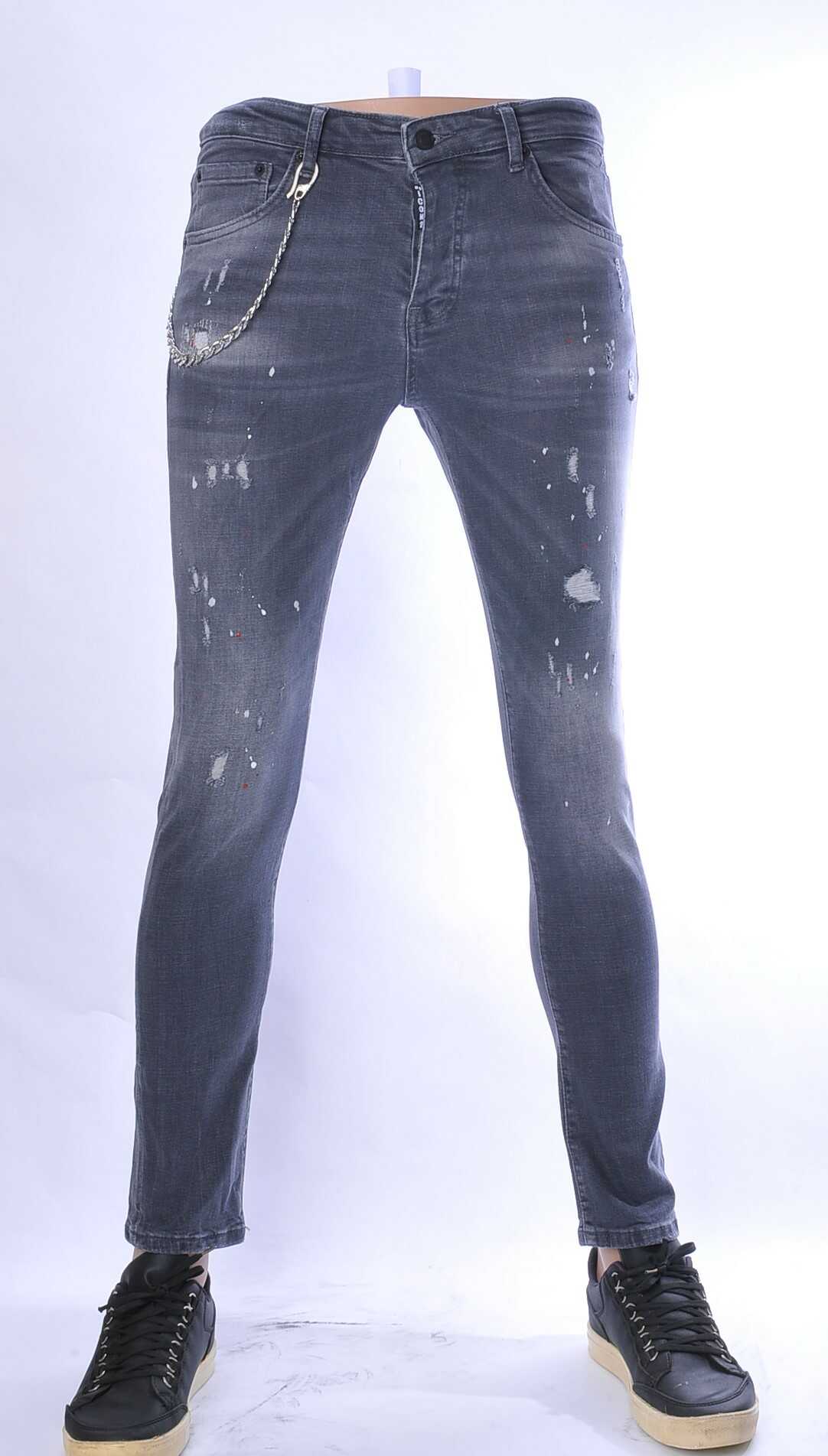 ICON2 hippie gescheurde slim fit stretch heren jeans met verfspatten Grijs