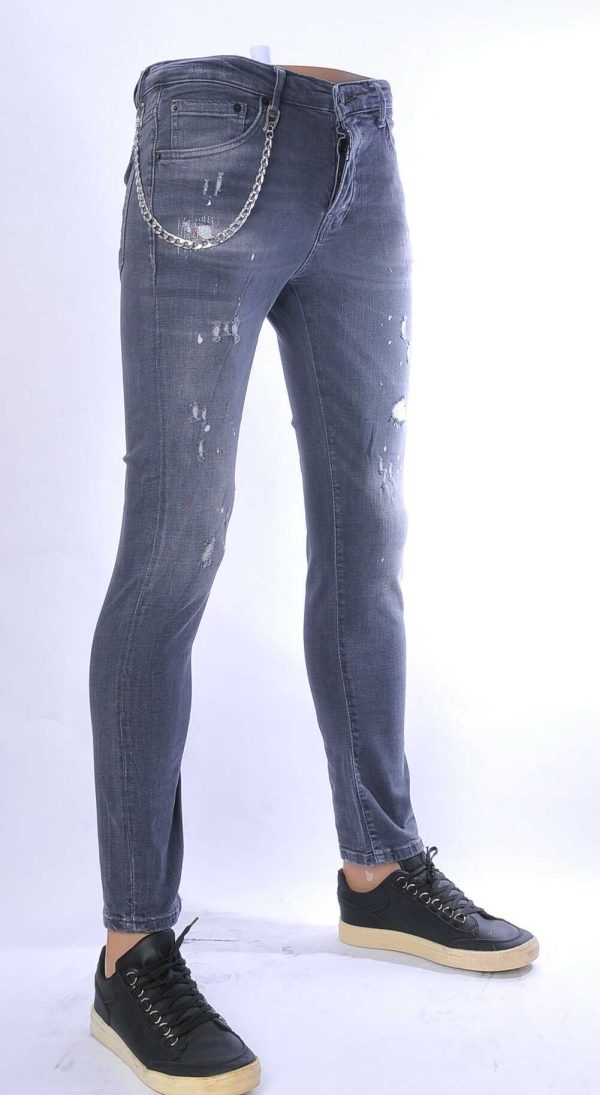 ICON2 hippie gescheurde slim fit stretch heren jeans met verfspatten Grijs
