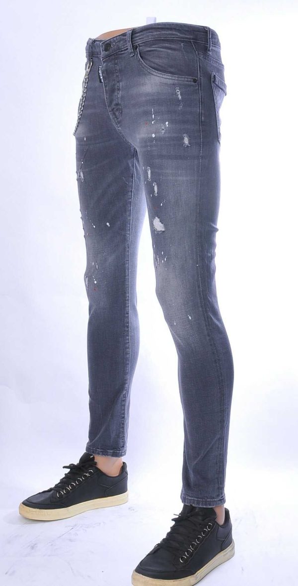 ICON2 hippie gescheurde slim fit stretch heren jeans met verfspatten Grijs