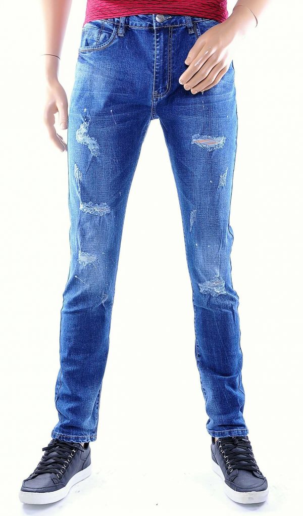 Edo Jeans gescheurd damaged heren skinny jeans met verfspatten Blauw