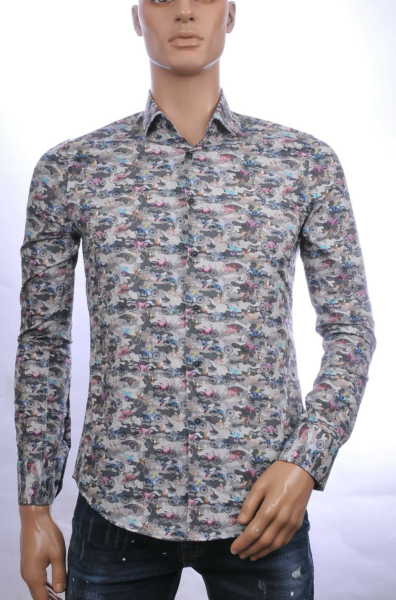 BERZO Italiaanse Getailleerde Slim Fit Heren Overhemd met Allover Fiets- en Vogelprint – Grijs | Trendy & Comfortabel