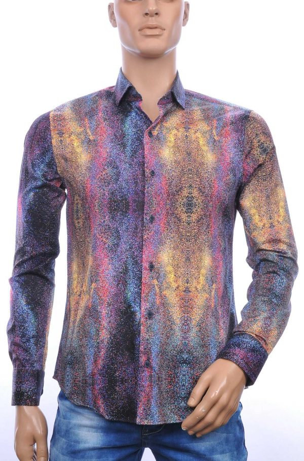 BERZO slim fit allover multi kleur melkwegstelsel dessin heren overhemd Paars