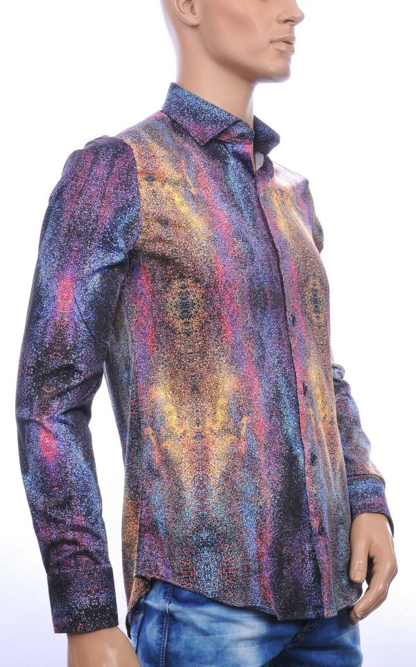 BERZO slim fit allover multi kleur melkwegstelsel dessin heren overhemd Paars
