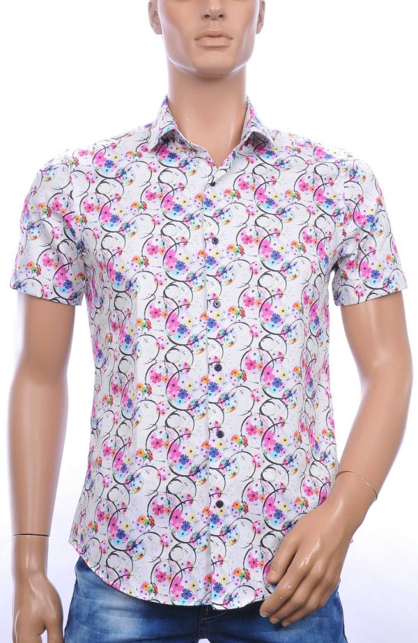 BERZO​ allover​ multi kleur​ bloemen​ dessin​ slim fit​ heren korte mouwen overhemd​ Wit