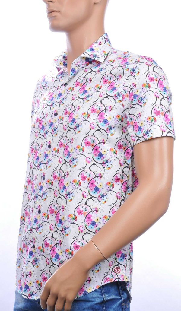 BERZO​ allover​ multi kleur​ bloemen​ dessin​ slim fit​ heren korte mouwen overhemd​ Wit