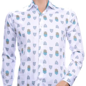CORRINO OLYMP State of Art Blue Industry A fish named fred Wolff Blitz Moncler DIOR Philipp Plein PRADA Louis Vuitton GUCCI VERSACE KENZO Dsquared2 Levi's CHASIN G-STAR DOLCE & GABBANA DIESEL PME LEGEND WAM DENIM LACOSTE slim fit allover kunst symbolen dessin heren overhemd Wit