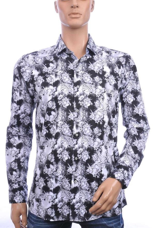 Corrino Italiaanse getailleerd slim fit allover bloemen dessin heren overhemd Zwart