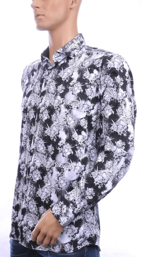 Corrino Italiaanse getailleerd slim fit allover bloemen dessin heren overhemd Zwart