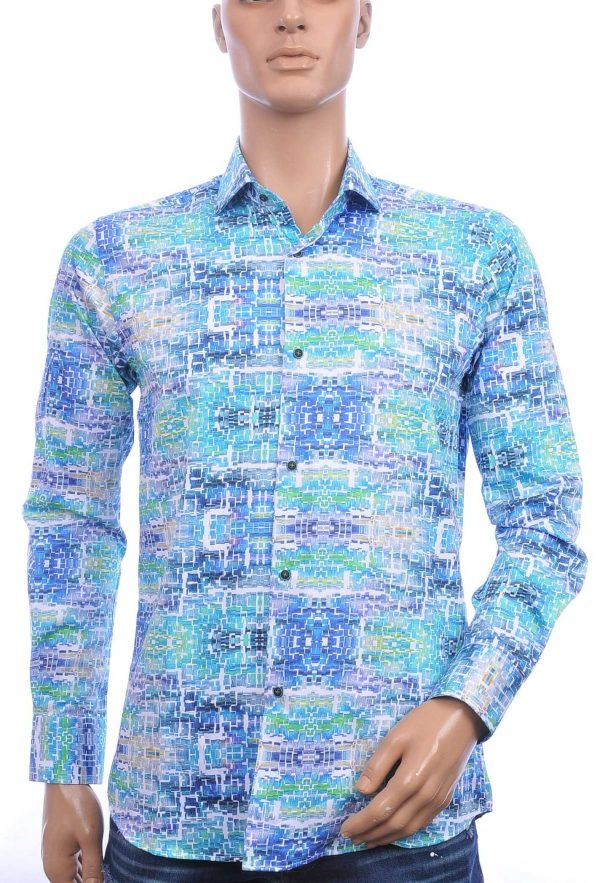 Corrino Italiaanse getailleerd slim fit allover digital kunst motieven dessin heren overhemd Turquoise