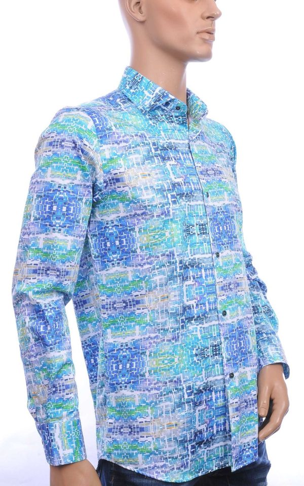 Corrino Italiaanse getailleerd slim fit allover digital kunst motieven dessin heren overhemd Turquoise