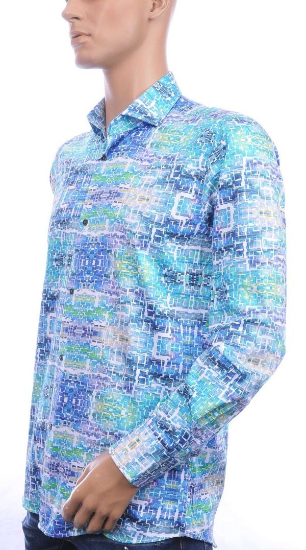 Corrino Italiaanse getailleerd slim fit allover digital kunst motieven dessin heren overhemd Turquoise