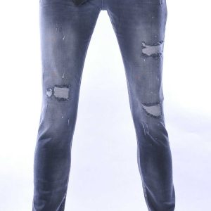ICON2 hippie gescheurde slim fit stretch heren jeans met verfspatten Grijs