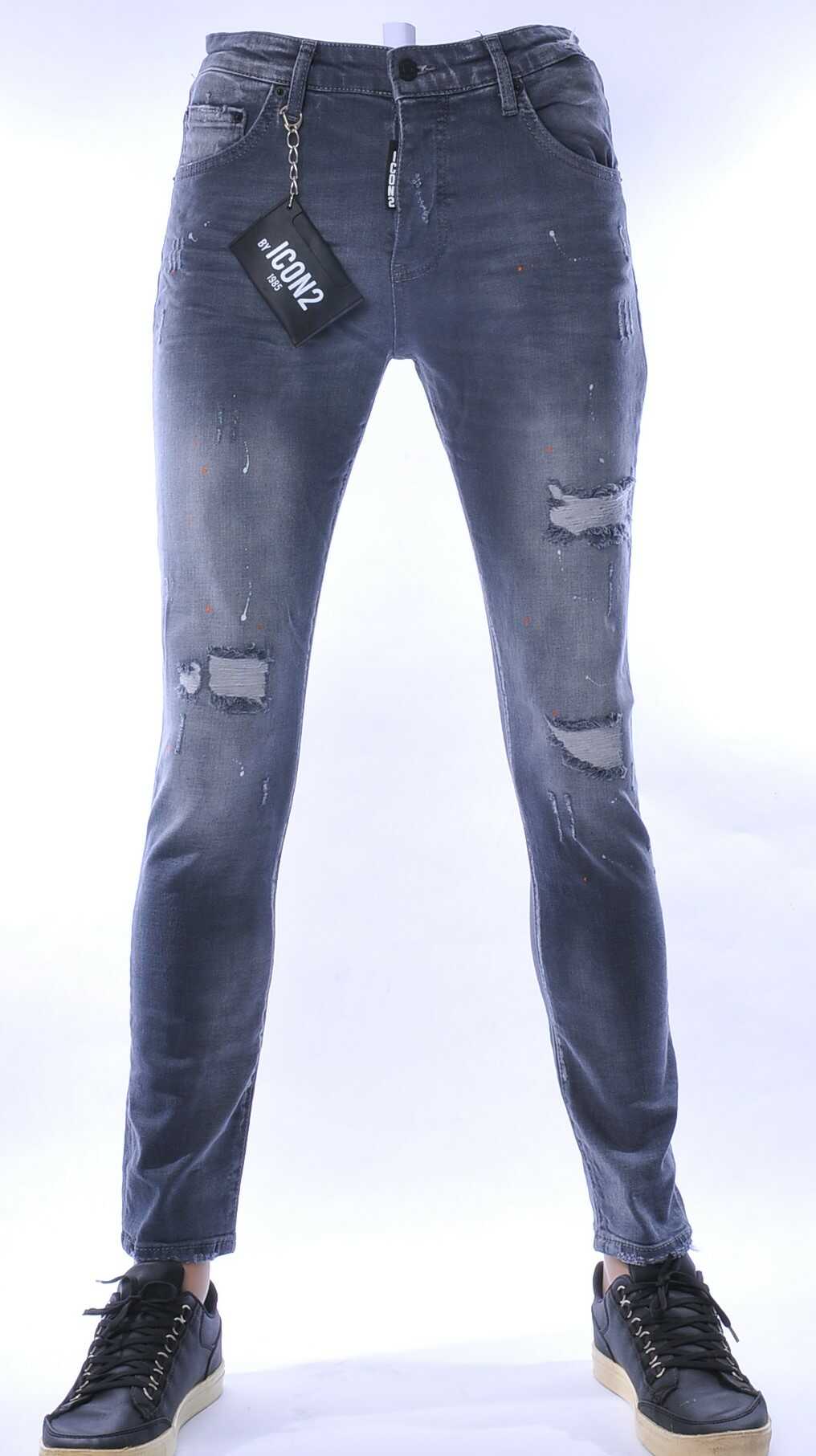ICON2 hippie gescheurde slim fit stretch heren jeans met verfspatten Grijs