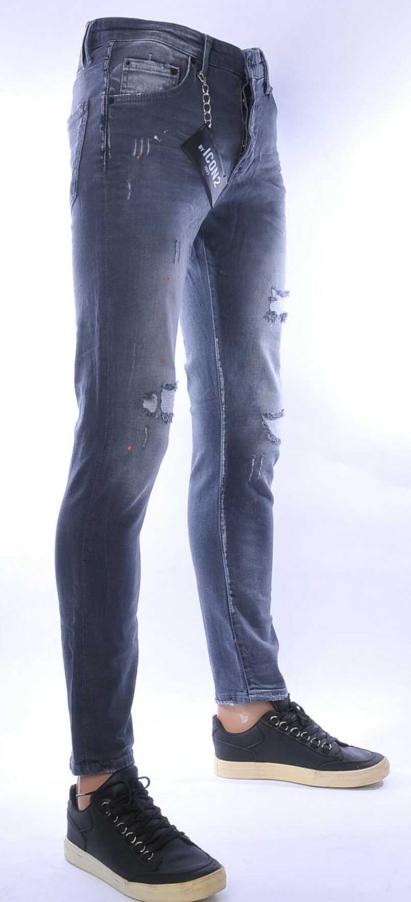 ICON2 hippie gescheurde slim fit stretch heren jeans met verfspatten Grijs