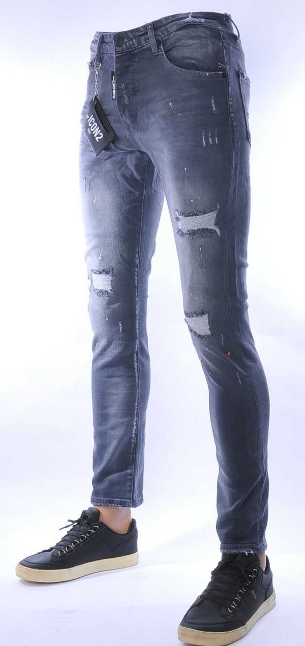 ICON2 hippie gescheurde slim fit stretch heren jeans met verfspatten Grijs
