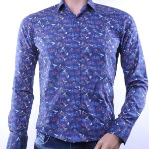 BERZO Italiaanse Getailleerde Slim Fit Heren Overhemd met Allover Fiets- en Vogelprint – Navy | Trendy & Comfortabel