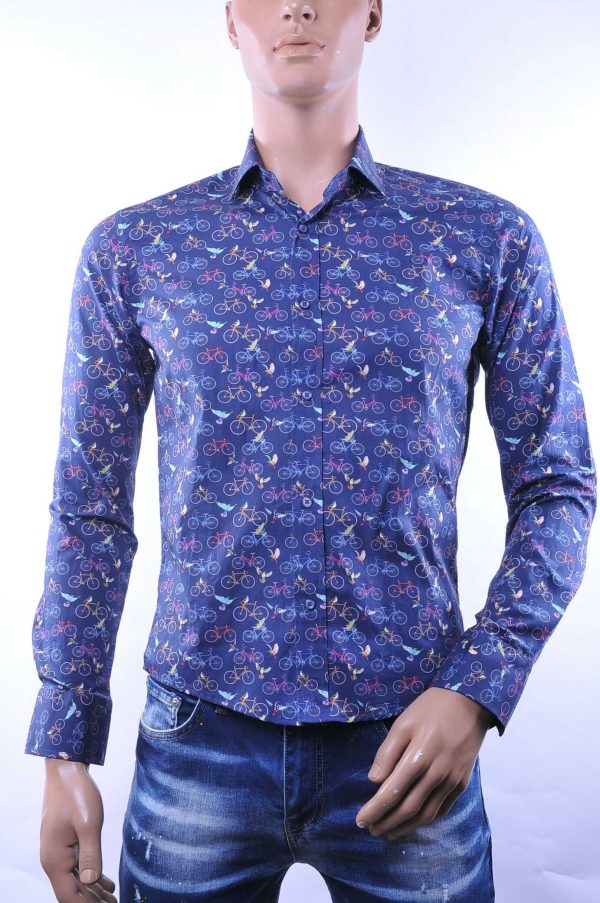 BERZO Italiaanse Getailleerde Slim Fit Heren Overhemd met Allover Fiets- en Vogelprint – Navy | Trendy & Comfortabel