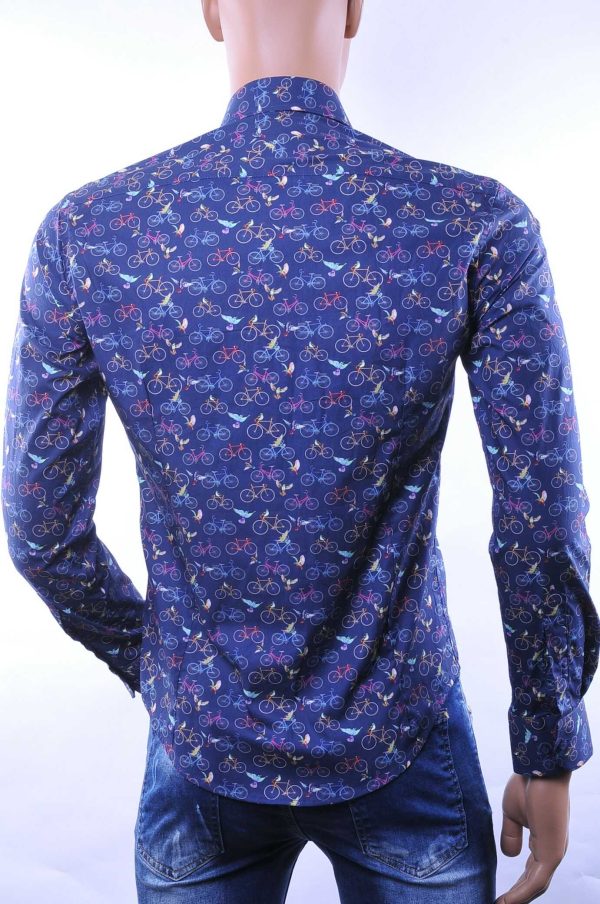 BERZO Italiaanse Getailleerde Slim Fit Heren Overhemd met Allover Fiets- en Vogelprint – Navy | Trendy & Comfortabel