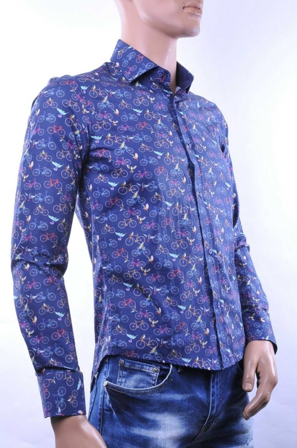 BERZO Italiaanse Getailleerde Slim Fit Heren Overhemd met Allover Fiets- en Vogelprint – Navy | Trendy & Comfortabel