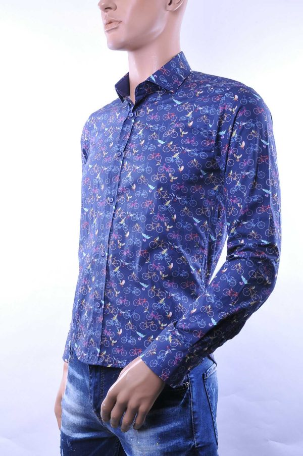 BERZO Italiaanse Getailleerde Slim Fit Heren Overhemd met Allover Fiets- en Vogelprint – Navy | Trendy & Comfortabel
