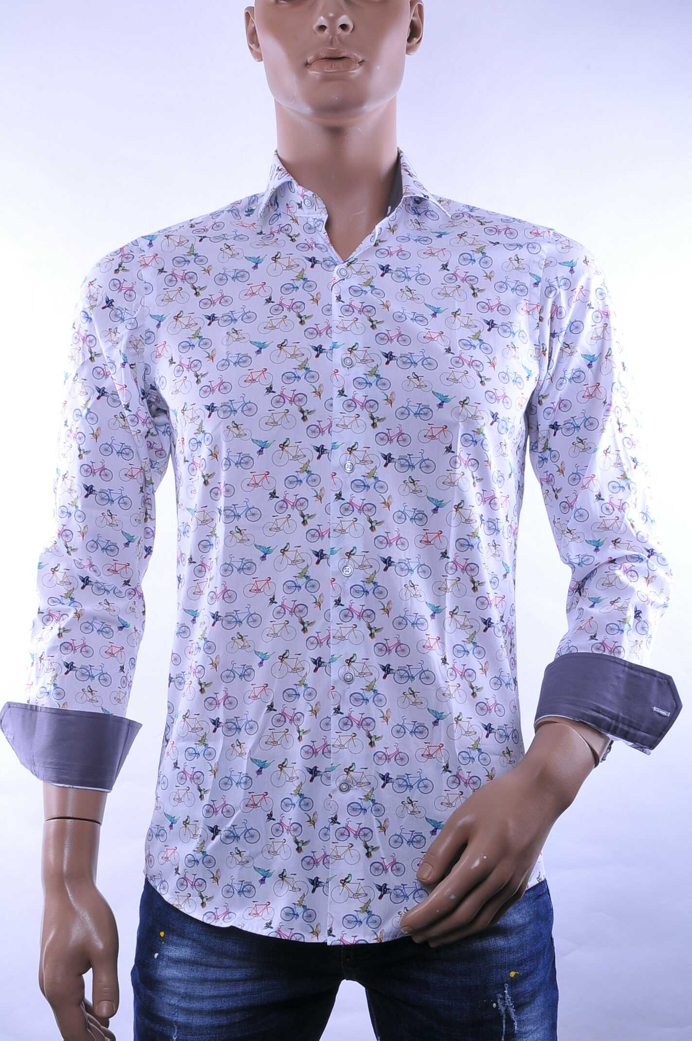 BERZO Italiaanse Getailleerde Slim Fit Heren Overhemd met Allover Fiets- en Vogelprint – Wit | Trendy & Comfortabel