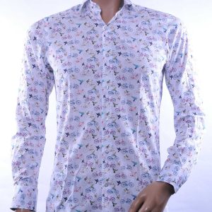 BERZO Italiaanse Getailleerde Slim Fit Heren Overhemd met Allover Fiets- en Vogelprint – Wit | Trendy & Comfortabel