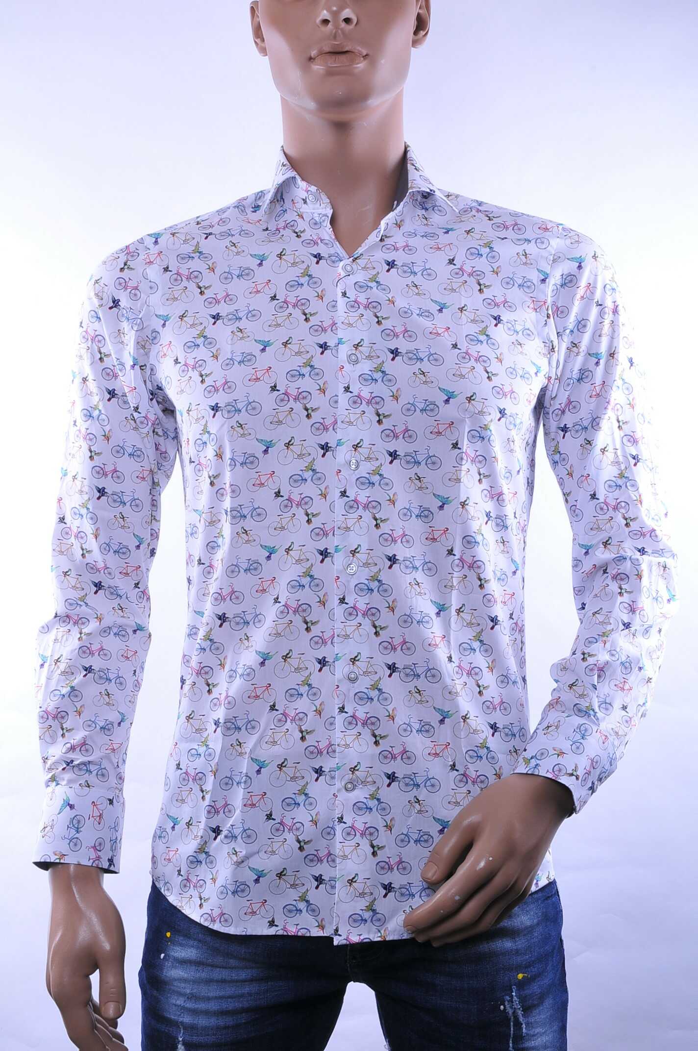 BERZO Italiaanse Getailleerde Slim Fit Heren Overhemd met Allover Fiets- en Vogelprint – Wit | Trendy & Comfortabel