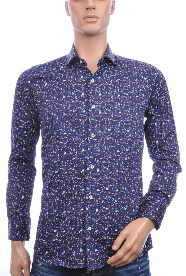 Corrino Italiaanse getailleerd slim fit allover bloemen dessin heren overhemd Navy