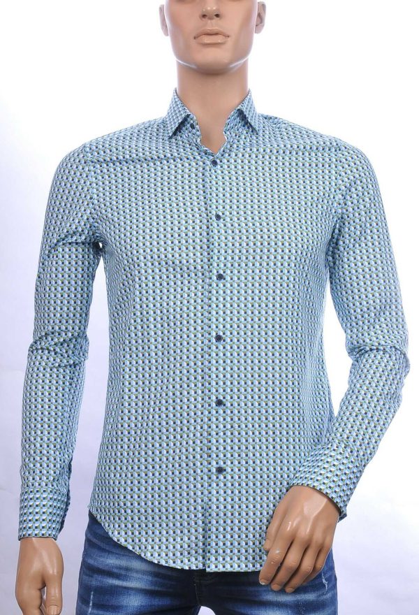 BERZO Italiaanse allover blokjes motieven slim fit heren overhemd Groen