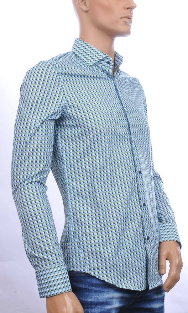 BERZO Italiaanse allover blokjes motieven slim fit heren overhemd Groen