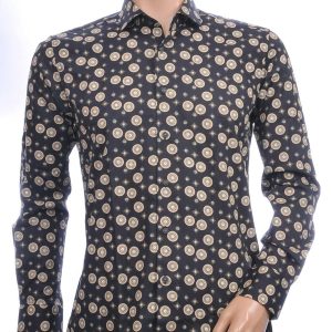 BERZO Italiaanse getailleerd slim fit allover gouden medailles dessin heren overhemd Zwart