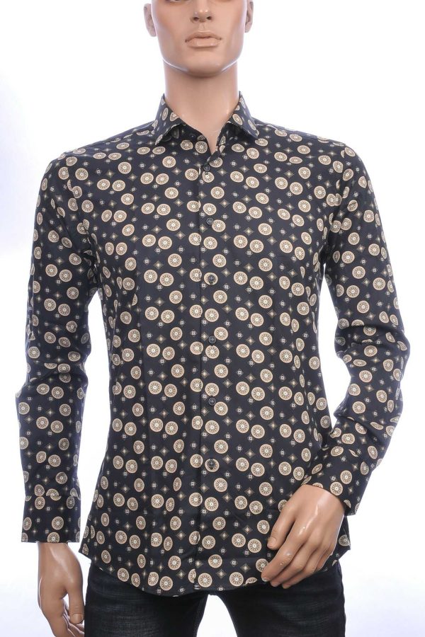BERZO Italiaanse getailleerd slim fit allover gouden medailles dessin heren overhemd Zwart