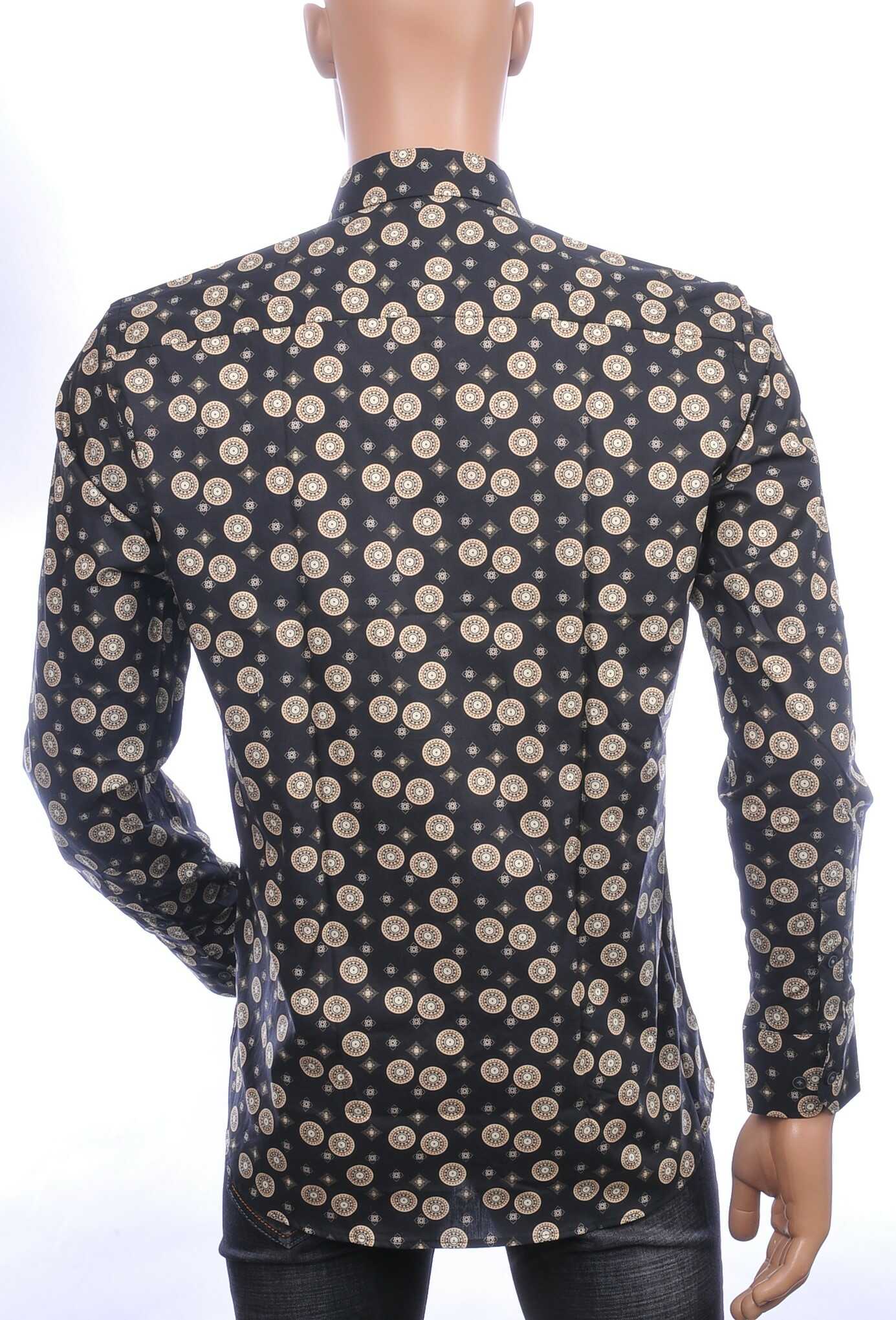BERZO Italiaanse getailleerd slim fit allover gouden medailles dessin heren overhemd Zwart