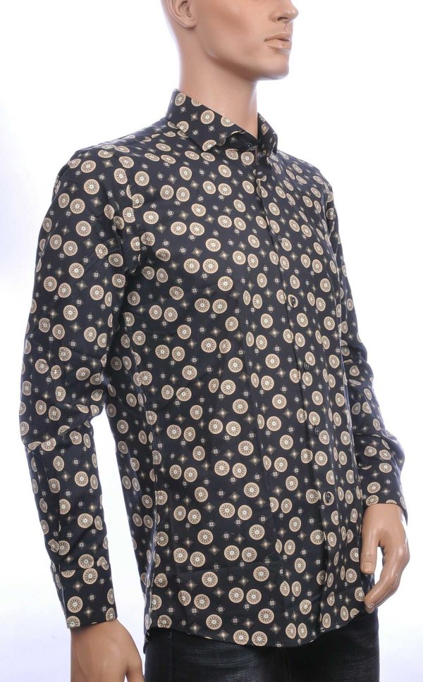 BERZO Italiaanse getailleerd slim fit allover gouden medailles dessin heren overhemd Zwart