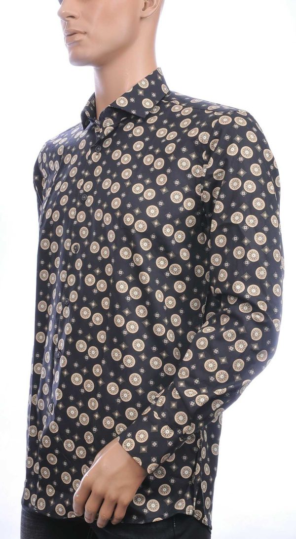 BERZO Italiaanse getailleerd slim fit allover gouden medailles dessin heren overhemd Zwart