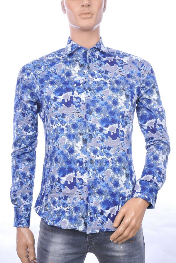 BERZO trendy getailleerde allover modern dessin slim fit heren overhemd Navy