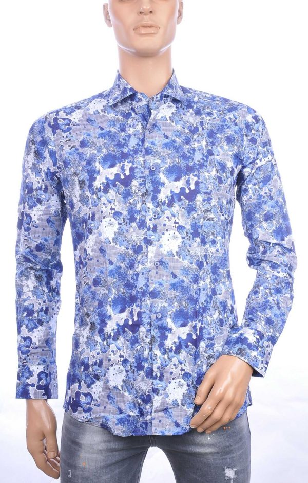 CARTER DAVIS trendy getailleerde allover modern dessin slim fit heren overhemd Navy