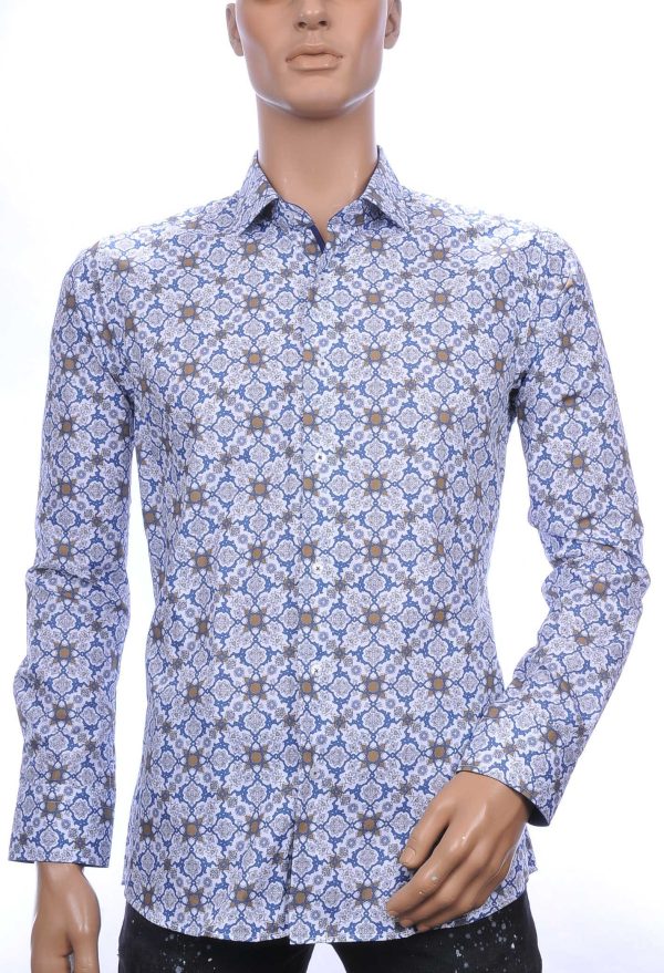 Corrino Italiaans getailleerd slim fit allover authentiek kunst motieven heren overhemd Wit